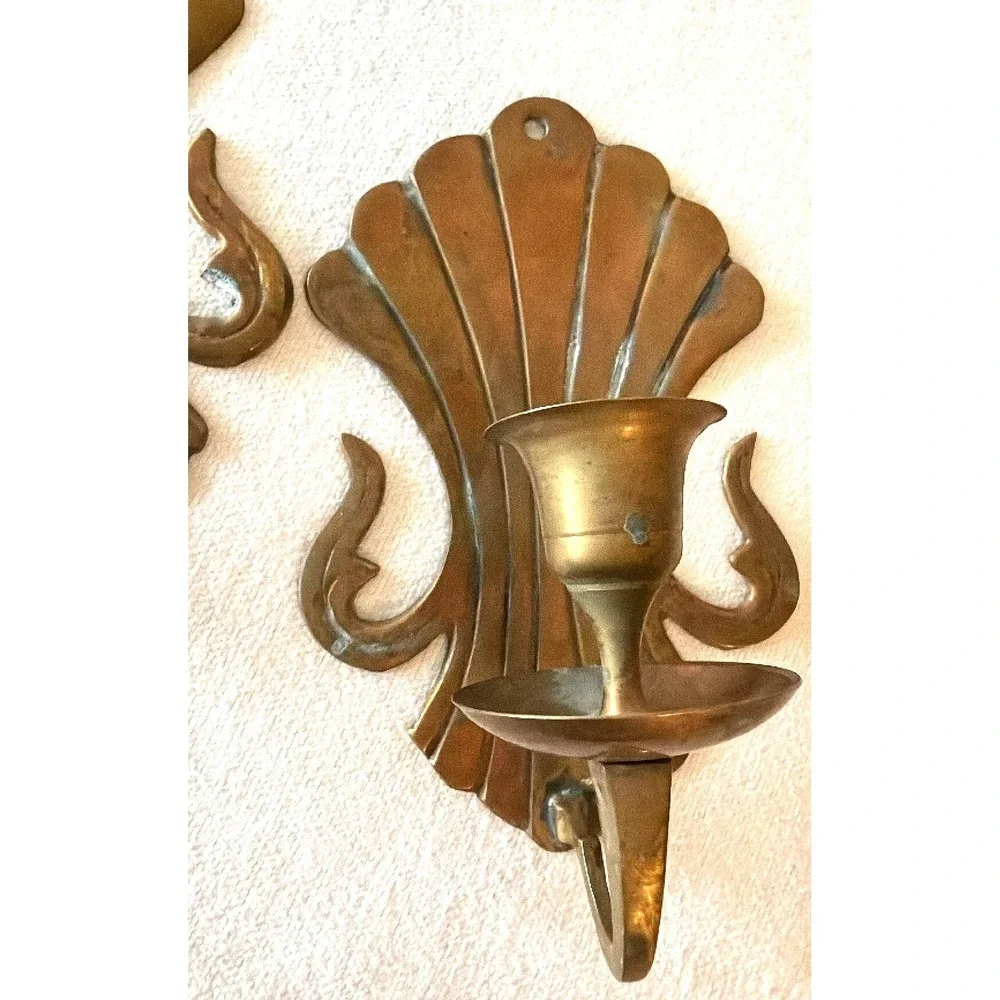 Vintage Brass Candle Wall Sconce Pair Shell MCM Hollywood Regency Cottage Core